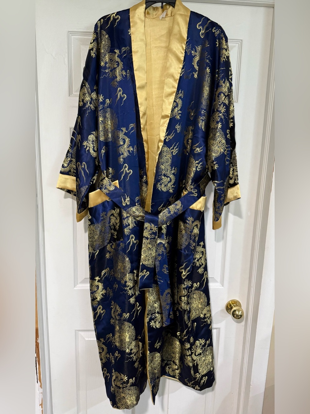 Vintage Silk-Feel Navy and Gold Dragon Reversible Robe with Belt